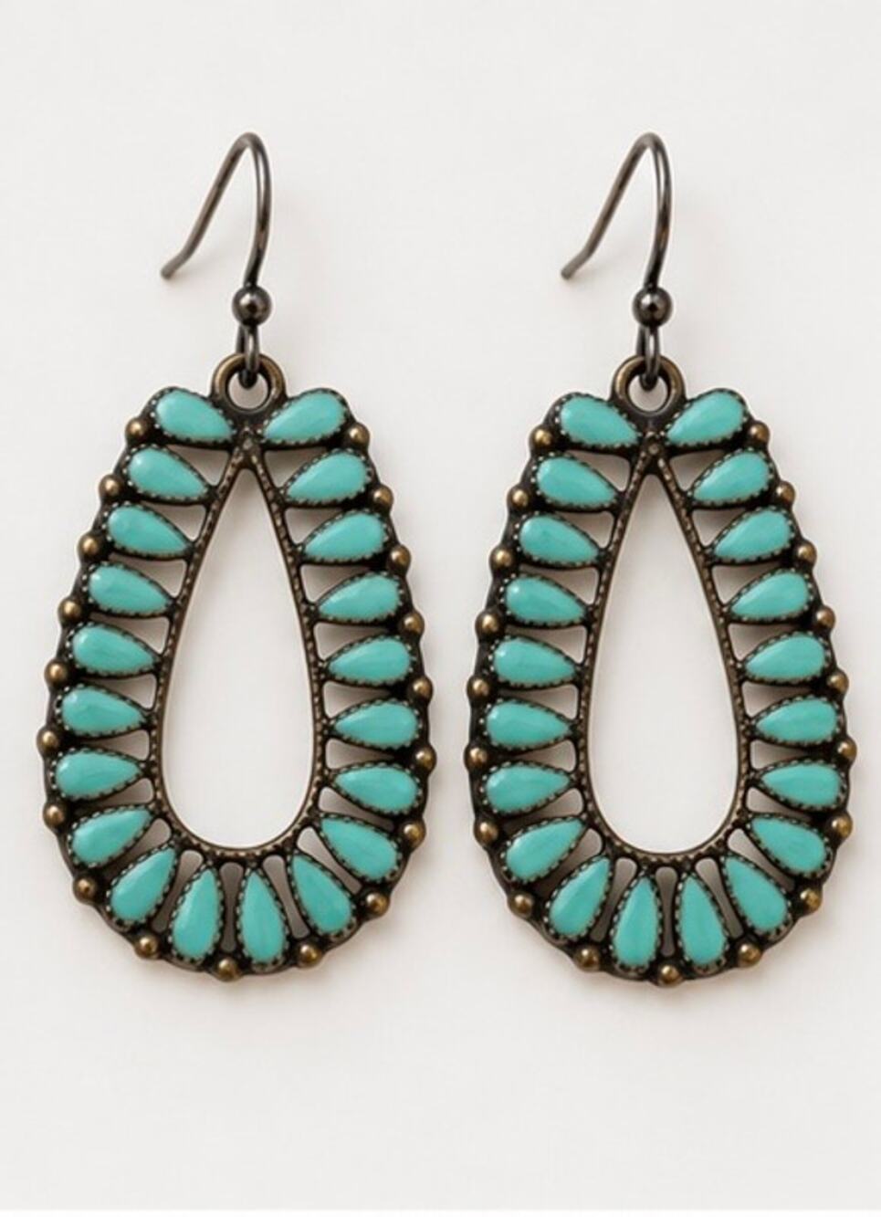 Turquoise Enamel Teardrop Dangle Earrings Bronze Tone
